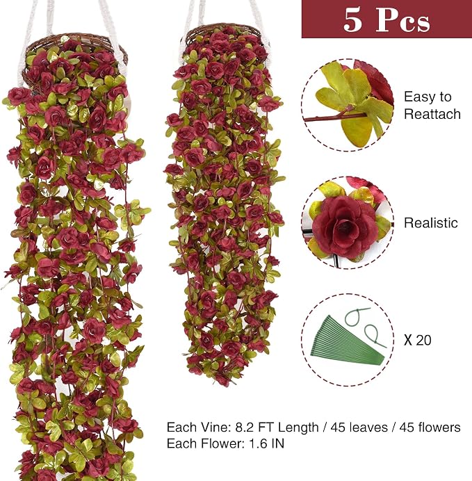 BLEUM CADE 5Pcs 41Ft Flowers Garland Artificial Rose Vines for Bedroom, Cute Fake Hanging Flower Vines Floral Garland Decorations for Wedding Party Wall Room Decor Aesthetic