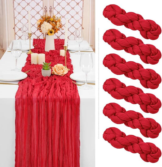 6 Pack Christmas Table Runner 10FT Red Cheesecloth Table Runner 35 x 120 Inch Long Semi-Sheer Gauze Fabric Boho or Rustic Wedding Table Decor for Bridal Shower Baby Shower Holiday Party