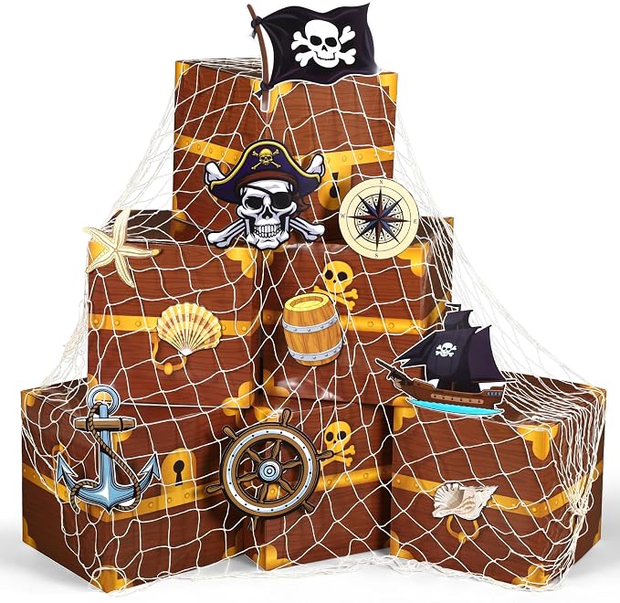 17 Pcs Pirate Party Decorations Set Cardboard Pirate Treasure Chest Box Stickers with Fish Net for Western Cowboy Birthday Party Trunk or Treat Supplies