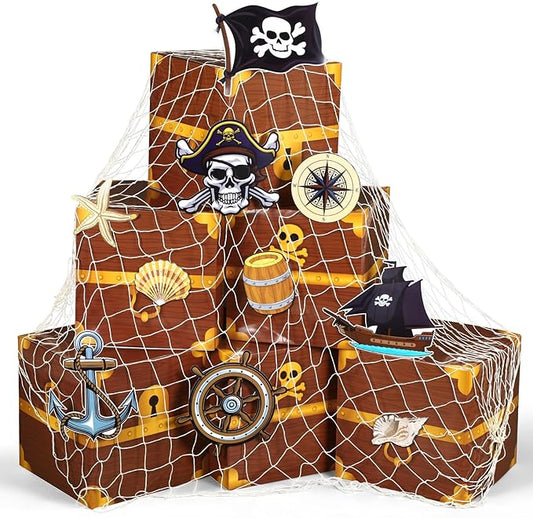 17 Pcs Pirate Party Decorations Set Cardboard Pirate Treasure Chest Box Stickers with Fish Net for Western Cowboy Birthday Party Trunk or Treat Supplies