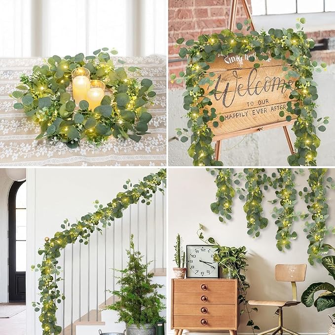 N&T NIETING 2 Pack Artificial Eucalyptus Garland with Lights, 6FT Artificial Greenery Garlands, Battery Operated Twig Vine for Room Stairs Mantle Wedding Holiday Mothers Day Decoration Indoor Outdoor