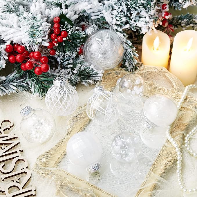 CristBest 30ct Christmas Ball Ornaments-60mm/2.36" Shatterproof Clear Plastic Xmas Balls Baubles Set with Stuffed Delicate Sparkling, Hanging Christmas Tree Decorations(White)