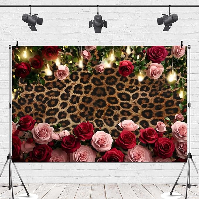 Leopard Print Backdrop Valentines Golden Brown Black Spots Cheetah Prints Background Pink Red Rose Backdrops for Photography Girls Lady Birthday Wedding Party Decorations 10x5ft Vinyl