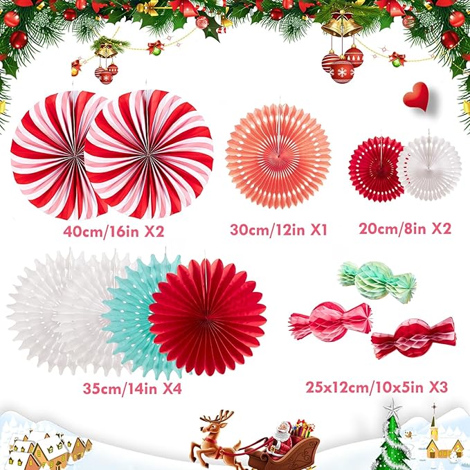 PAPER JAZZ 12pcs Candy Paper Fans Christmas Decoration,Candy Honeycomb Christmas Decorations,White and Red Xmas Decoration Wall/Ceiling for Classroom,Bulletin Board,Winterwonderland,Office Decor.