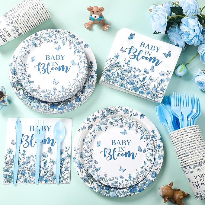 Yungyan 252 Pcs Baby in Bloom Blue Floral Baby Shower Party Tableware Set Included Plates Napkins Cups Forks Knives Cutlery for Party Decorations Supplies 36 Guests