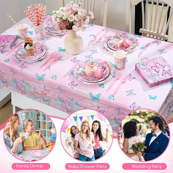 Funnymoom 452 Pcs Butterfly Birthday Party Supplies, Butterfly Floral Disposable Paper Plates Napkins Cups Tablecloth and Cutlery Straws for Ladies Spring Butterfly Birthday Decorations, Serves 50