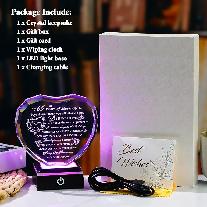 Arikyrist 65th Wedding Anniversary Crystal Gifts for Couple Parents, Happy 65th Anniversary Heart Keepsake Decorations Gifts for Wife Husband, Romantic 65 Years of Marriage Gift for Him Her Friends