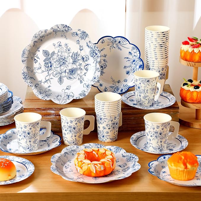 Pickmesh 252 Pcs Blue Floral Tea Party Supplies for 36 Guests Blue and White Porcelain Paper Disposable Dinnerware Floral Teacups with Handle and Saucers Set for Tea Party Decorations Birthday Wedding