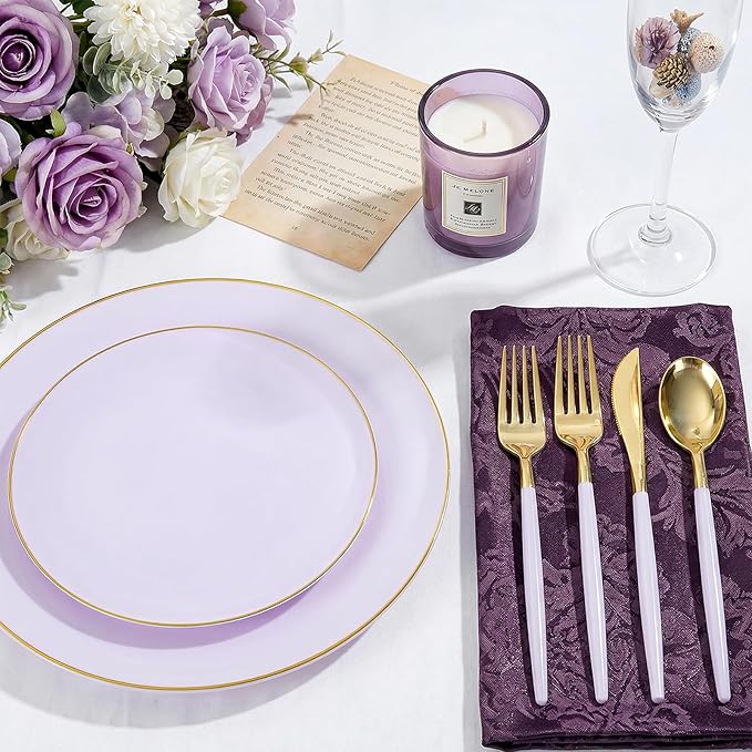 DaYammi 150Pcs Purple Plastic Plates with Gold Rim,Disposable Plastic Plates Include 30 Dinner Plate,30 Salad Plate,30 Forks,30 Spoons,30 Knive,Purple Disposable Platos for Party Wedding Mother's Day