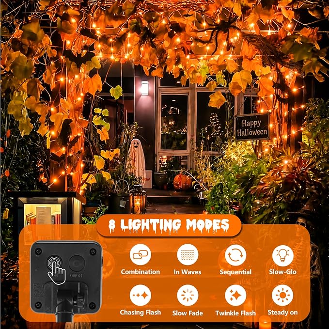 QITONG 4 Pack Solar Halloween Lights, Each 33ft 100 LED Orange Fairy Light Outdoor Waterproof, 8 Modes Silver Wire Christmas Twinkle Mini String Lights