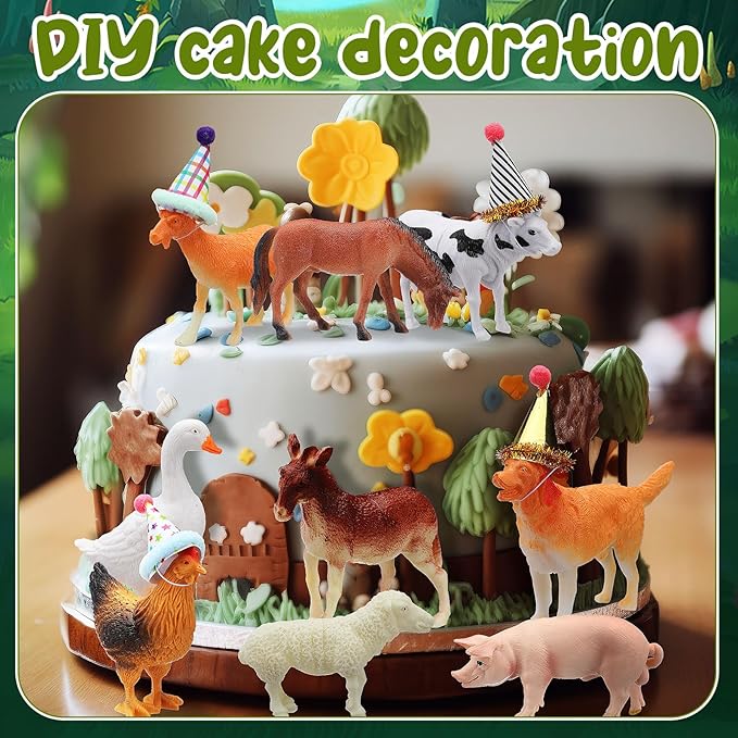 Colingmill 18 Pcs Farm Animal Birthday Party Decorations Mini Birthday Hat Animal Figure Model Cake Toppers with Mini Hat for Birthday Party, Animals Themed Party