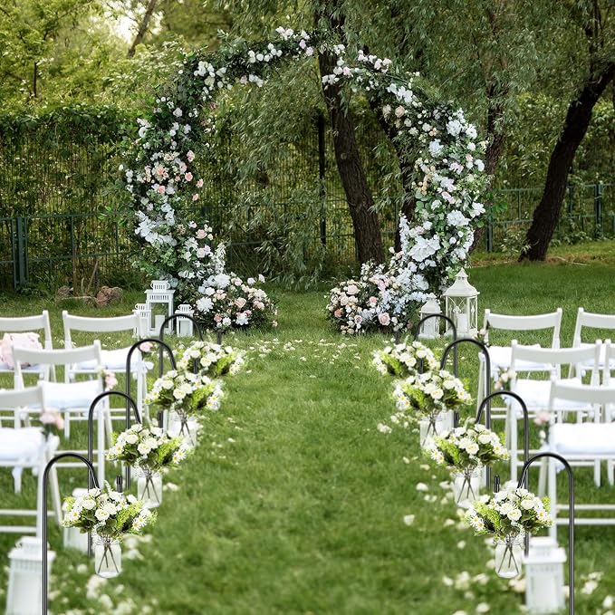 Thiccywoov 8 Sets Wedding Aisle Decoration Include 16 oz Rose Daisy Hanging Mason Jar 32 Shepherds Hooks Rustic Mason Jar with Faux Rose and Daisy for Outdoor Wedding Isle Ceremony Decorations