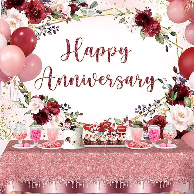 InMemory Happy Anniversary Backdrop Burgundy Flower Rose Wall Decoration Banner Couple Marriage Engagement Bridal Shower Wedding Anniversary Party Photography Background Photo Props 7x5ft
