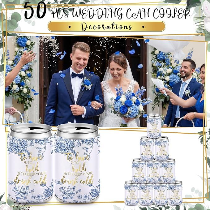 Hoteam 25 Sets Blue Floral Wedding Party Favors for Guests Bulk Including Can Cooler and Paper Folding Fans with Wedding Decor Table Sign Cheers to Love for Bridal Shower Party Souvenir