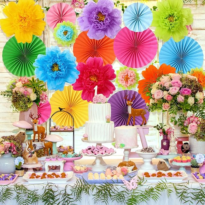 Kosiz 21 Pcs Colorful Paper Flower Decorations for Wall Paper Fans Tissue Floral Hanging Decorations for Spring Summer Birthday Wedding Mexican Fiesta Mother's Day Baby Shower Party Classroom Home
