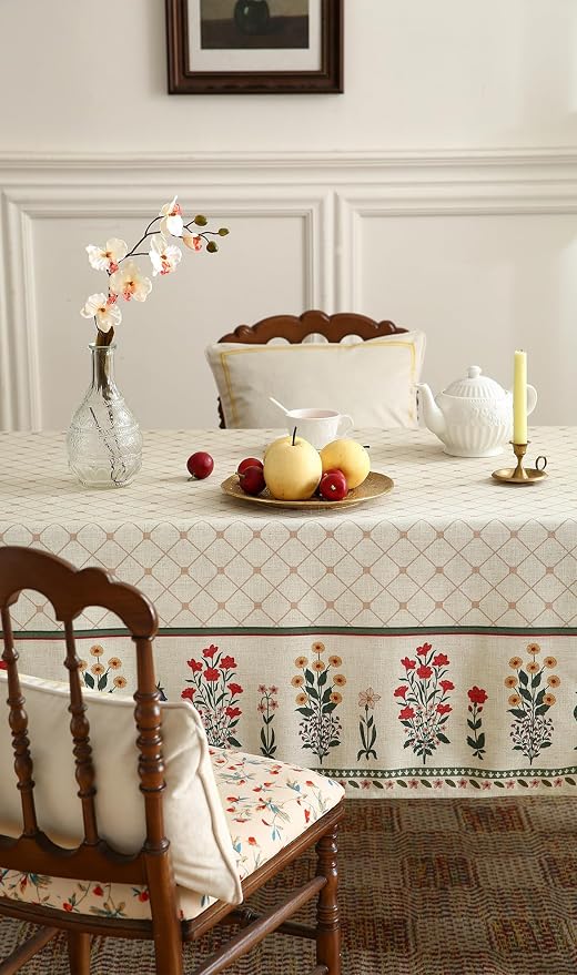 ISAENNE Designer French Linen Rectangular Tablecloth,110"x63"-Bertina E | Elegant Long Table Cloth for Rectangle Table,Colorful Floral Pattern,Dining Room,Tea Party,Kitchen,Thanksgiving,Decor