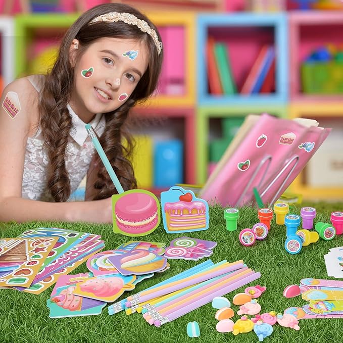 BenLouis 96Pcs Candyland Party Favors Ice Cream Donut Mini Notebook Stampers School Stationery Bulk for Kids Lollipop Sweet Treats Birthday Goodie Bags Pinata Filler Classroom Prizes Supplies