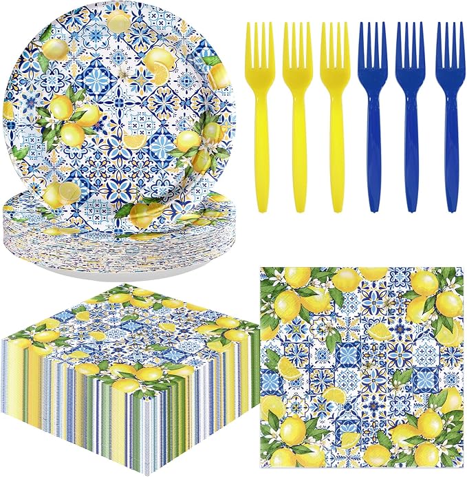 72Pcs Capri Lemon Party Decorations Blue Tiles Yellow Lemon Plates and Napkins Amalfi Coast Party Decorations for Summer Capri Lemon Coast Birthday Bridal Shower Party Supplies Serves 24