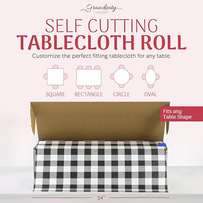 Grandipity Plastic Tablecloth Roll - 54in x 100 Ft. Black Gingham Plastic Table Cloths Disposable with Cutter Box - Cut to Size Disposable Tablecloth Table Cover for Rectangle & Round
