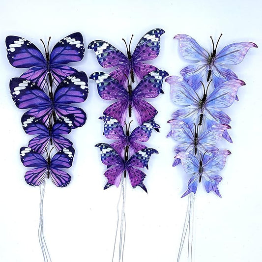 12 Pcs Artificial Butterfly Decorations, 2 Sizes Butterfly Decor for Crafts, DIY 3D Unique Decorative Butterflies for Fake Flowers Easter Spring Fall Wedding Party Home Decor. (Purple Large)