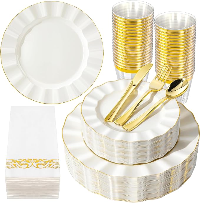 175PCS Gold and Ivory Plastic Dinnerware Set, Plastic Party Plates for 25 Guests, 50 Disposable Plates, 25 Heavy Duty Silverware, 25 Cups, 25 Napkins for Party and Wedding