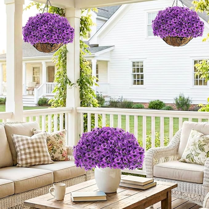 Powbrace 60 Pack Artificial Flowers for Outdoor Indoor Fake Plants, Faux Silk Flowers for Outdoors Outside Front Porch Hanging Planter Window Box Garden Spring Decoration(Purple)