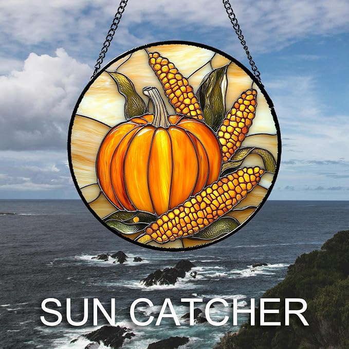 DASTOLL Stained Glass Window Hanging Autumn Harvest Pumpkin Corn Large 11.8" - Suncatcher Door Garden Kitchen Sunroom Sun Catcher Fall Home Decor Birthday for Mom Grandma Men Woman