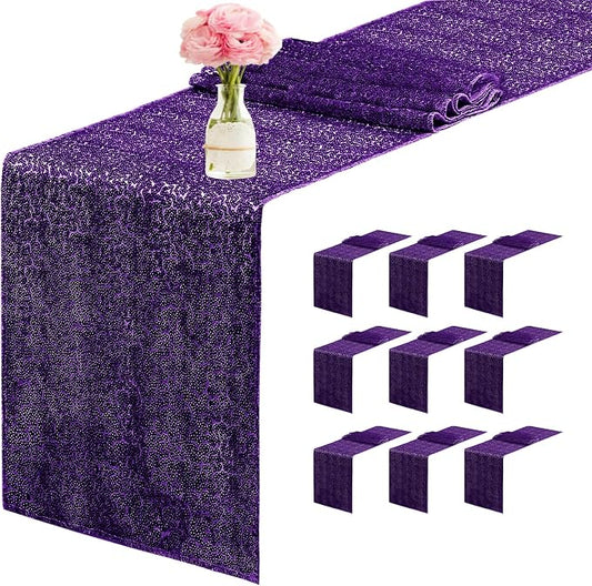 10 Packs 12 x 72 inches Sequin Table Runner, Purple Glitter Table Runner for Birthday Party Supplies Wedding Engagement Baby Shower Holiday Celebration Event Decorations
