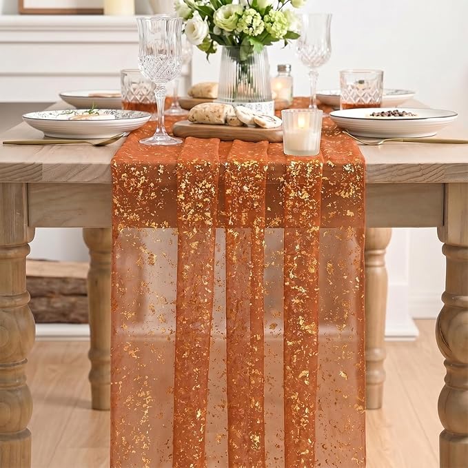 Artoid Mode 6PCS Caramel Gauze Gold Table Runner 120 Inch 10FT, Glitter Metallic Foil Sheer Dining Wedding Anniversary Holiday Table Decor for Home Party