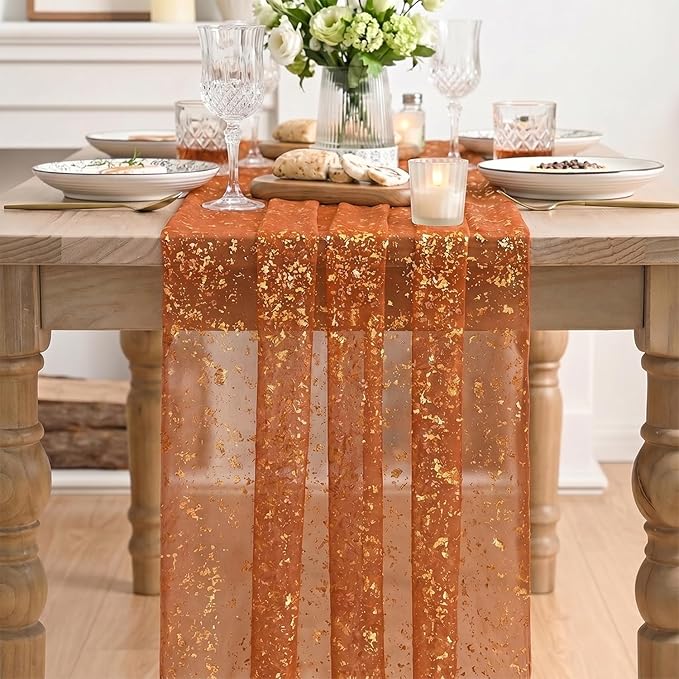 Artoid Mode 3PCS Caramel Gauze Gold Table Runner 120 Inch 10FT, Glitter Metallic Foil Sheer Dining Wedding Anniversary Holiday Table Decor for Home Party
