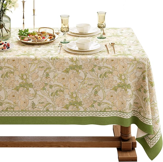 French Linen Tablecloth Rectangular, Vintage Floral Table Cloth, Waterproof Table Cover for Picnic Dining Party Wedding, Sage Green, 55x71''