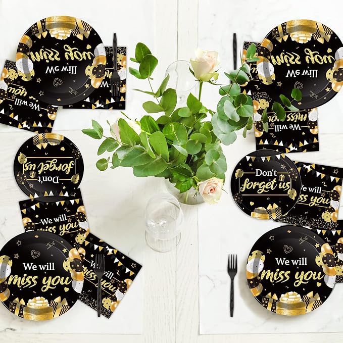 96pcs We Will Miss You Party Paper Plates Napkins Farewell Party Decoration Going Away Party Disposable Dinner Tableware Gold Black Goodbye Party Supplies Graduation Leaving Retirement Party 24 Guests