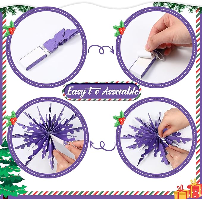 Fuyoooo 12 Pcs Snowflakes Hanging Decorations Blue Purple White Paper Fans Hollow Snowflakes Ceiling Hangings Decor Ice Birthday Fans Decor for Wedding Birthday Holiday Party Decoration(Purple)