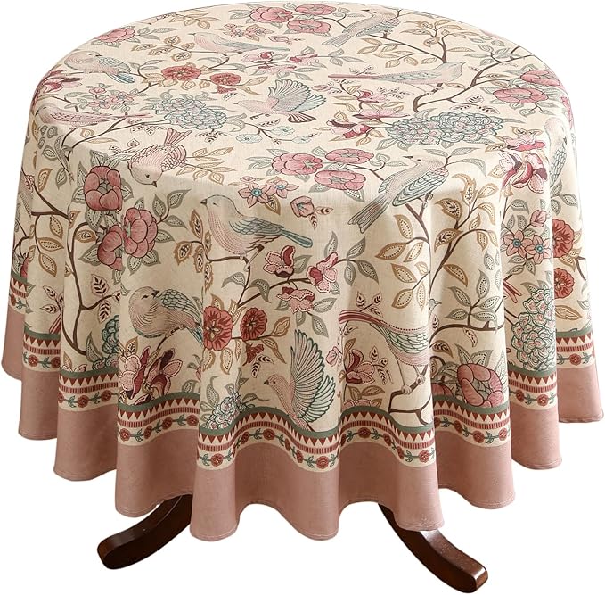 patdrea Vintage French Linen Tablecloth,Round,Diameter 67"-Kulom A | Elegant Table Cloth for Round Table,Leaves and Bird Patterned,Dining Room Tea Party Thanksgiving Decor,Pink
