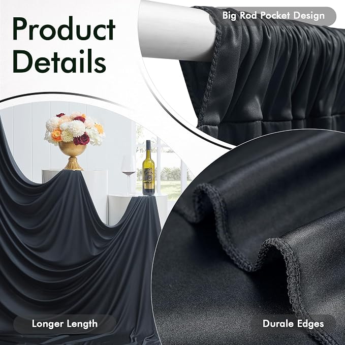 10ftx12ft Wrinkle Free Black Backdrop Curtain, 2 Panels 12FT Height Black Drapes for Wedding, Silky Polyester Photo Back Drop Cloth Draping for Birthday Party Photography Background