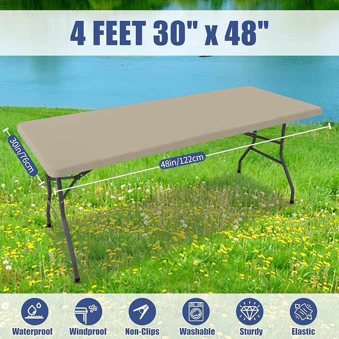 Moosfor Spandex 4 Foot Rectangle Table Cloth 6 Pack, Elastic Fitted Tablecloths for Picnic, Stretch Washable Patio Table Cover for Outdoor, Camping, Banquet and Parties (Taupe, 30"x48")