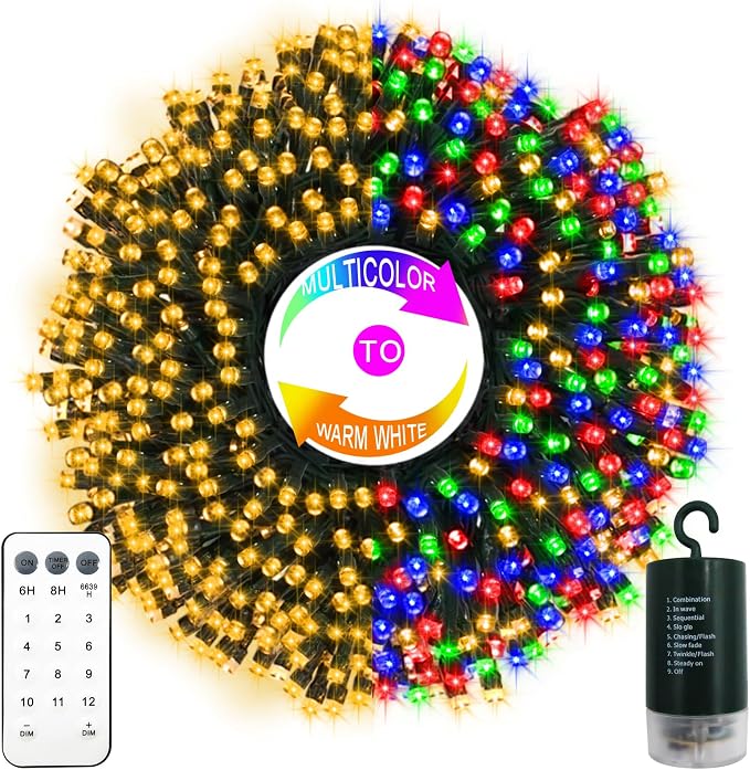 66Ft 200LED Battery Christmas Lights Color Changing String Lights for Home | Green Wire,Remote, Timer, 12 Lighting Modes,Waterproof,Fairy Lights for Bedroom Wreath Wedding Christmas Decor
