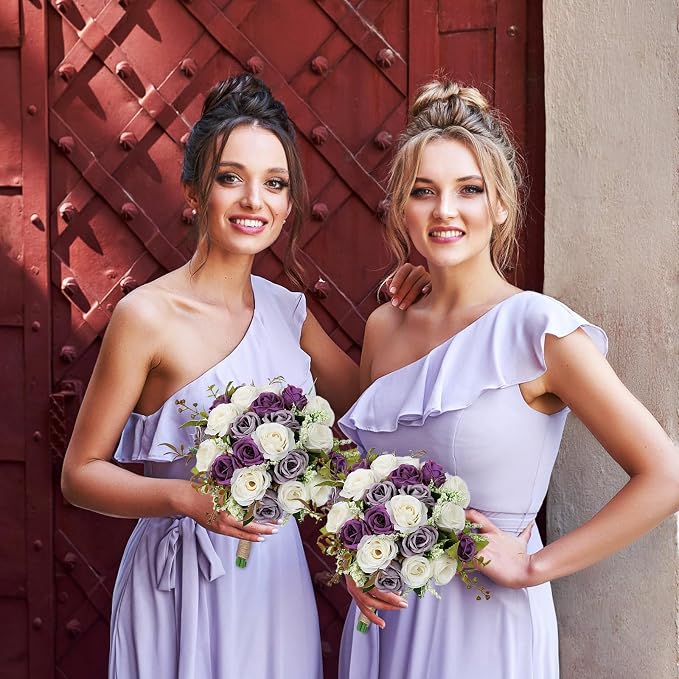 Set of 2 Bridesmaid Bouquets for Wedding - 7 Inch Artificial Ivory Flower Bouquet for Party Ceremony Anniversary Dinning Table Centerpieces Decor - Dusty Purple & White