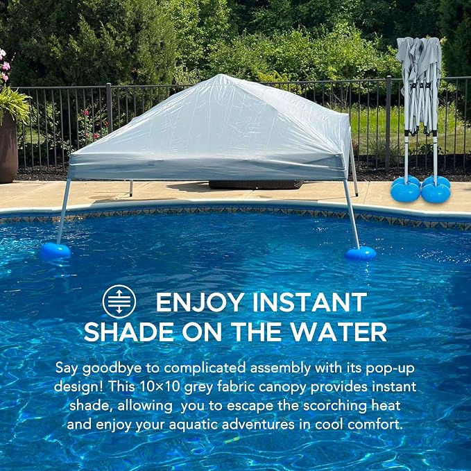 SUNJOY 10x10 FT Floating Pool Canopy Pop Up Gazebo, Grey Water Tent with Steel & Aluminum Frame, PVC Floats, Hand Pump & Carry Bag for Lake, Beach, Pool