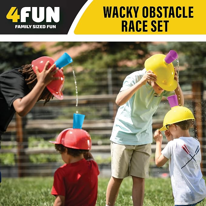 4FUN Wacky Race Set - Family Fun Outdoor Yard Games - Set Includes Hop Sack Race, Knee Walkers, Nose Nudge, Water Helmet Relay, 3-Legged Race, and Wizzy Dizzy – Great for Ages 3+