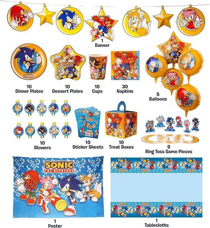 Sonic The Hedgehog Birthday Party Kit - Complete Supplies for 10, Video Game Themed Decorations, Licensed Banner, Plates, Cups, Balloons, Games, and Favors for Kids' Celebration
