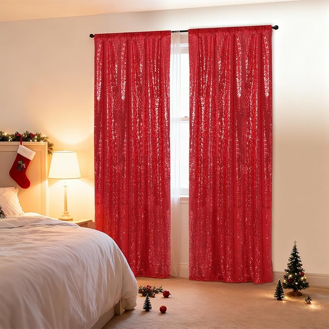 SquarePie 2 PCS 2x8ft Red Sequin Backdrop Curtains, Satin-Backed Shimmering Photo Booth Background, 2 Panels Narrow Real Sequin Drapes with 4" Rod Pocket for Party, Baby Shower, Doorway Decor