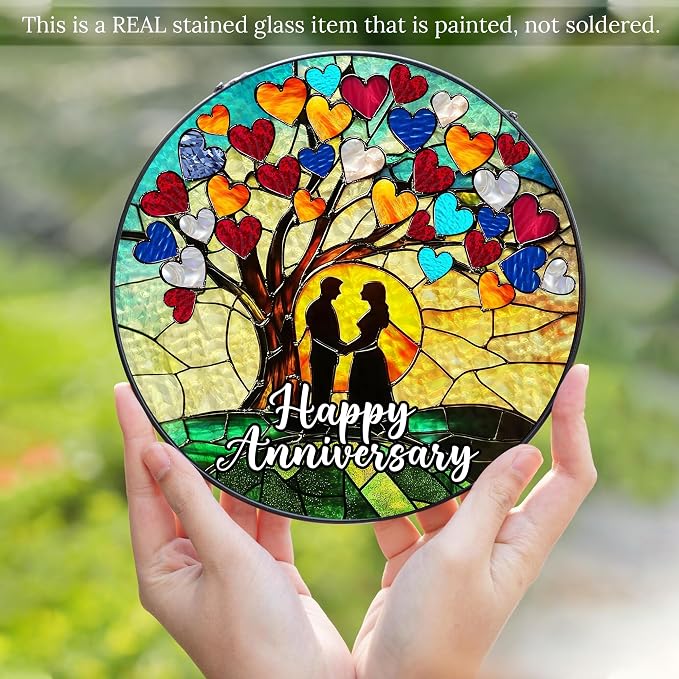Happy Anniversary Stained Glass Suncatcher, Romantic Anniversary Wedding Gift for Wife, Husband, or Couples, Wedding Anniversary Celebration Keepsake Decoration