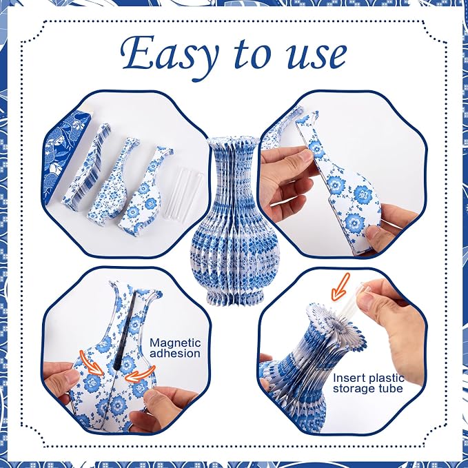 SUNBEAUTY 3 Pcs Blue and White Paper Honeycomb Vases, Mini Chinoiserie Vintage Paper Vase Set with Magnetic Closure, Chinese Style Table Centerpieces for Wedding,Baby Shower, Home & Party Decor