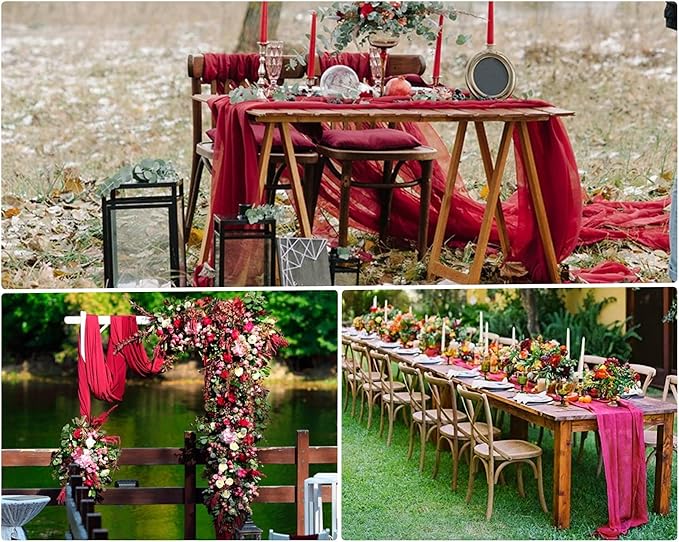 15 Pack Cheesecloth Table Runner 6FT Gauze Cheese Cloth Table Runner 35 x72Inch Romantic Boho Table Runners for Wedding Birthday Party Bridal Baby Shower Gender Reveal Engagement Table Décor(Burgundy)