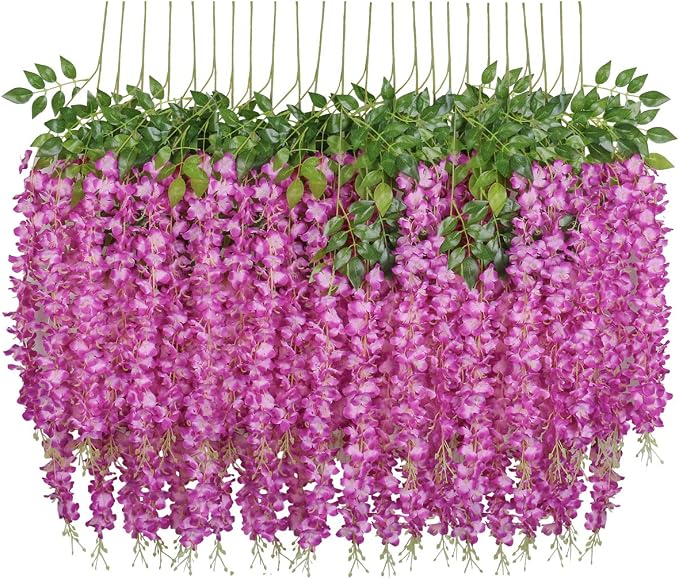 Pauwer Wisteria Hanging Flowers 12 Pack Fake Flower Garland Artificial Wisteria Vines Rattan Silk Flower String Wedding Party Wall Decorations,Fuchsia
