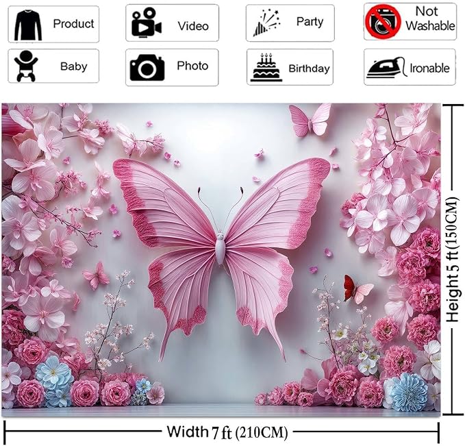 12x10ft Pink Butterfly Flower Backdrop for Photography Floral Wonderland Photo Background Baby Shower Birthday Bridal Shower Party Decors Newborn Girls Princess Portrait Photobooth Props