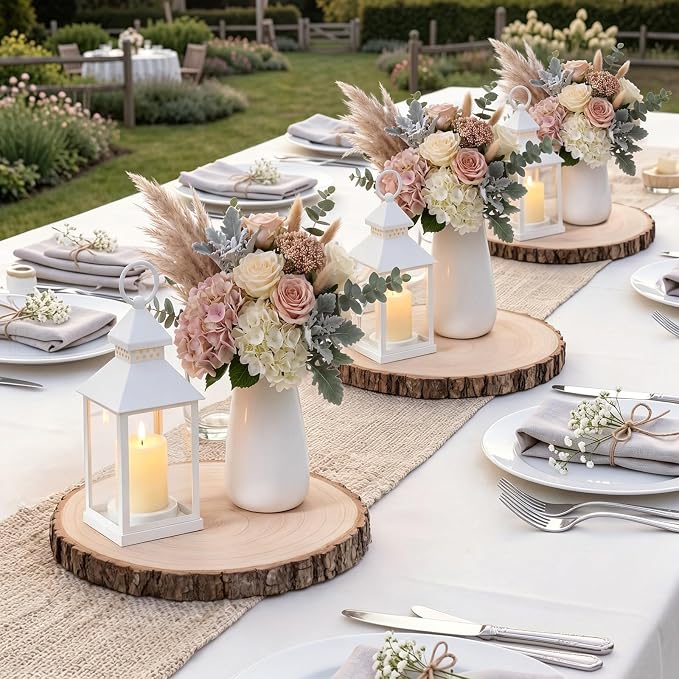 6 Sets Wedding White Decorative Candle Lanterns with Wood Slices Flameless Candle Hanging Lights Rustic Farmhouse Centerpieces Table Decor for Wedding Summer Boho Decoration