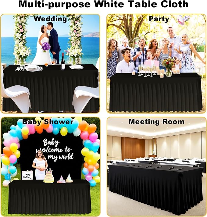 5 Pack Black Spandex Table Clothes for 6 Foot Rectangle Tables, Fitted Stretch Spandex Table Cover 6ft Black Tablecloths with Desk Skirt for Weddings Birthday Parties Banquet Baby Shower
