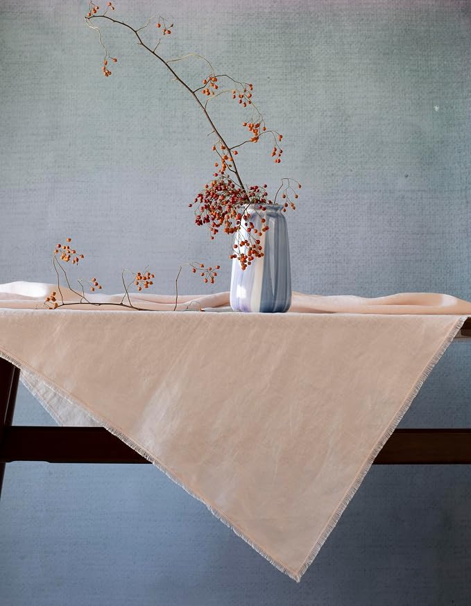 100% Pure Linen Tablecloths for Rectangle Tables with Fringe, 55x55 Inch Pink Linen Table Cloth for Wedding, Party, Easter,Thanksgiving, Machine Washable